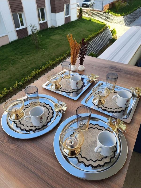 Süslü Home Paslanmaz Çelik 2 Kare 2 Yuvarlak Kelebek Aksesuarlı Çay Kahve Sunum Tepsisi - Image 1