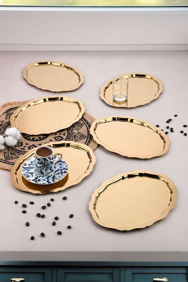 Ahir Ticaret 6 Adet Oval Dalgalı Sade Kahve Ve Sunum Tepsisi 20 Cm X 25 Cm - Image 1
