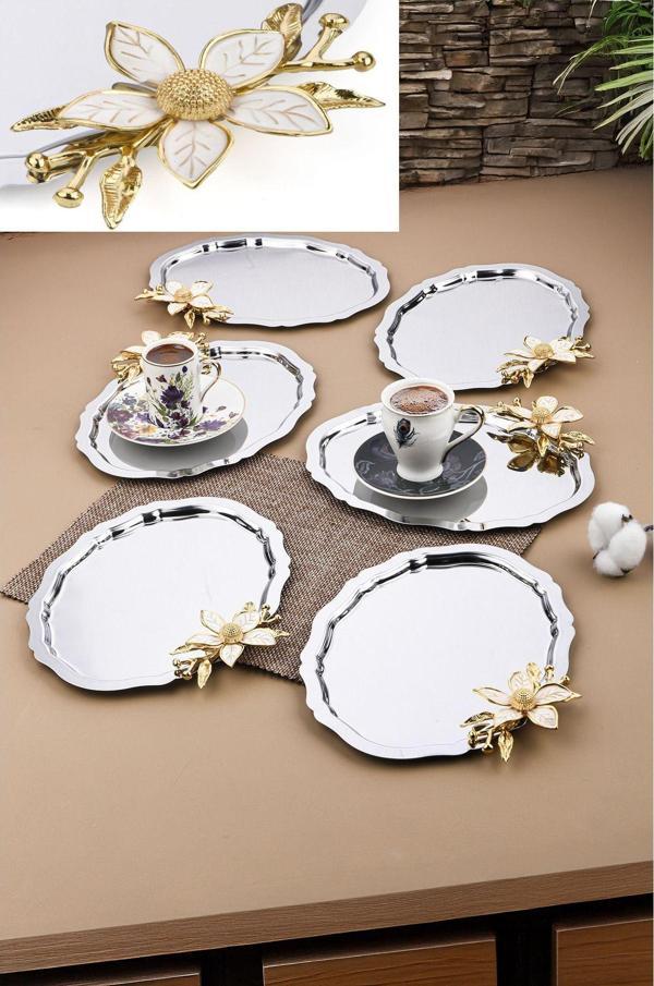 Ahir Ticaret 6 Adet Oval Papatya Çiçekli Kahve-Çay Servis Ve Sunum Tepsisi 25X20 Cm - Image 1