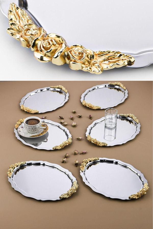 Ahir Ticaret 6 Adet Oval-Bulut Model Gül Motifli Kahve-Çay Sunum Tepsisi 25 Cm X 20 Xm - Image 1