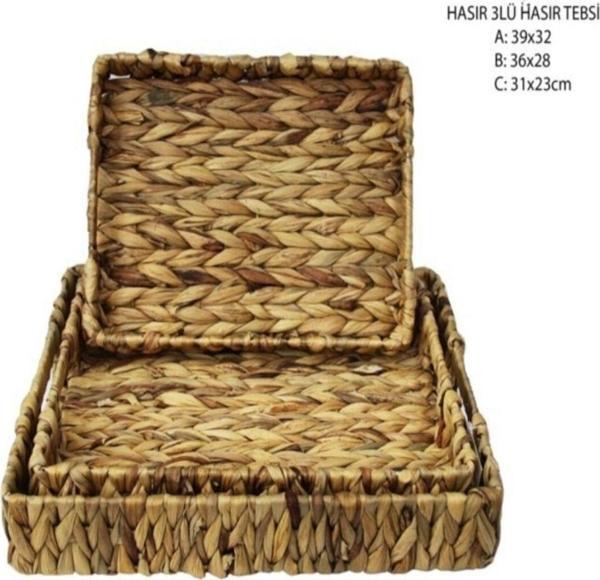 Ahir Ticaret Bambu Hasırlı 3'Lü Kare Model Kahve-Çay-Kahvaltı Sunum Tepsisi - Image 1