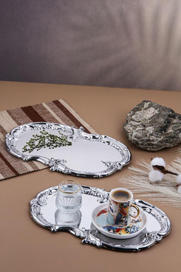 Ahir Ticaret Gümüş Artnova Işleme Desenli Kahve Ve Sunum Tepsisi 2 Adet - Image 1