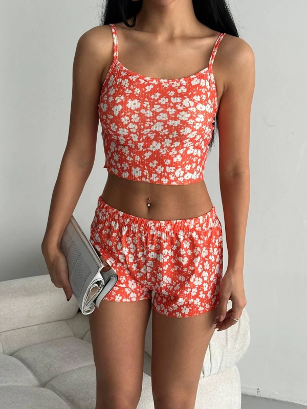 Mini Şort Crop Büstiyer Çiçek Desenli Pijama Takımı - Somon/Beyaz - Image 1