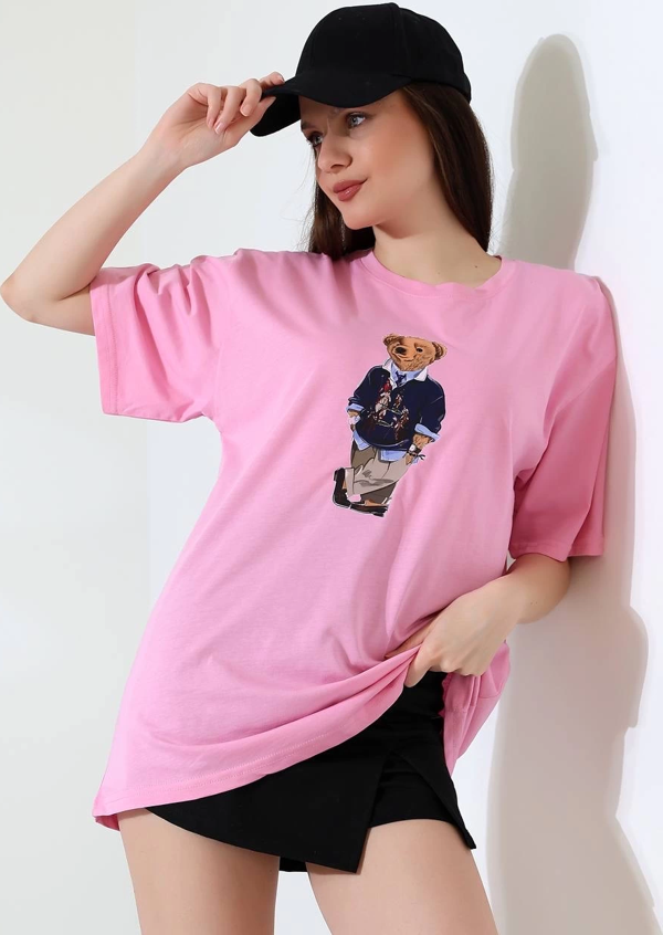 Ayıcıklı Pembe Desenli Bisiklet Yaka Kısa Kollu Oversize Tişört - Image 1