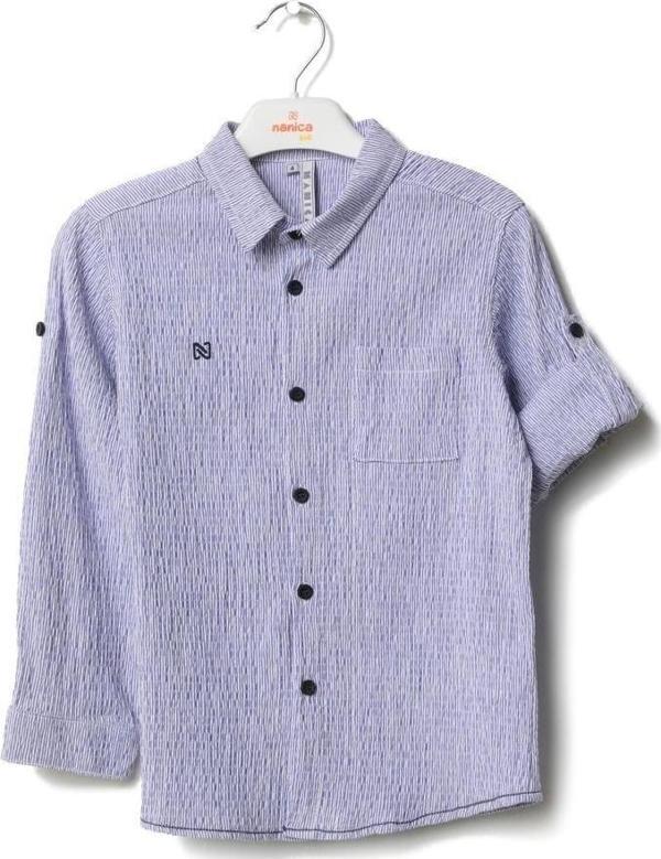 ÇİZGİLİ ARMALI KRİNKEL KUMAŞ UZUN KOL GÖMLEK LACİVERT - Image 1