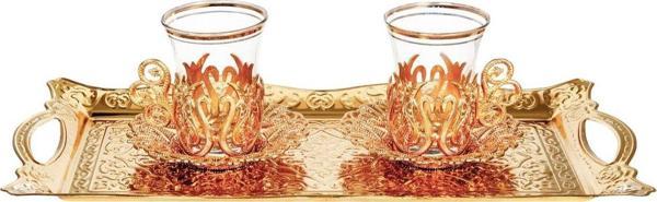 Yaren Style İkili Osmanlı Lale Dekorlu Gold Kuplu Çay Bardağı, Çay Kaşığı & Tepsili - Image 1
