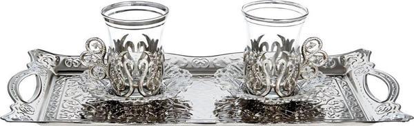 Yaren Style İkili Osmanlı Lale Dekorlu Kuplu Çay Bardağı, Çay Kaşığı & Tepsili - Image 1