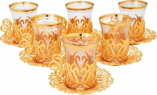 Yaren Style Osmanlı Lale Dekorlu Gold Altılı Kuplu Çay Bardak Seti - Image 1