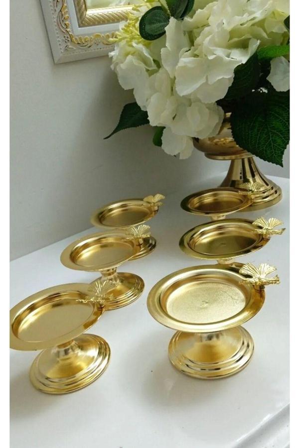 Yaren Style Kelebekli Dekoratif 6 Li Gold Renk Makaronluk Lokumluk Kahve Yanı Sunumluk - Image 1