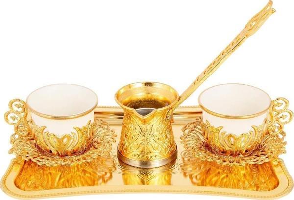 Yaren Style Türk Kahvesi 2'Li Gold Sunum Seti – Tepsili Ve Cezveli Şık Kahve Takımı - Image 1