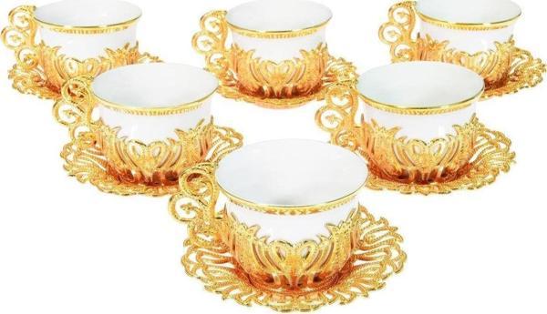 Yaren Style Türk Kahvesi Sunum Seti – Gold Metal Lale Motifli 6'Lı Kahve Fincan Takımı - Image 1