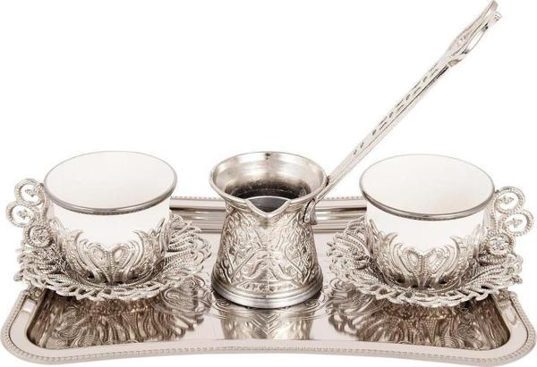 Yaren Style Türk Kahvesi 2'Li Gümüş Sunum Seti – Tepsili Ve Cezveli Şık Kahve Takımı - Image 1