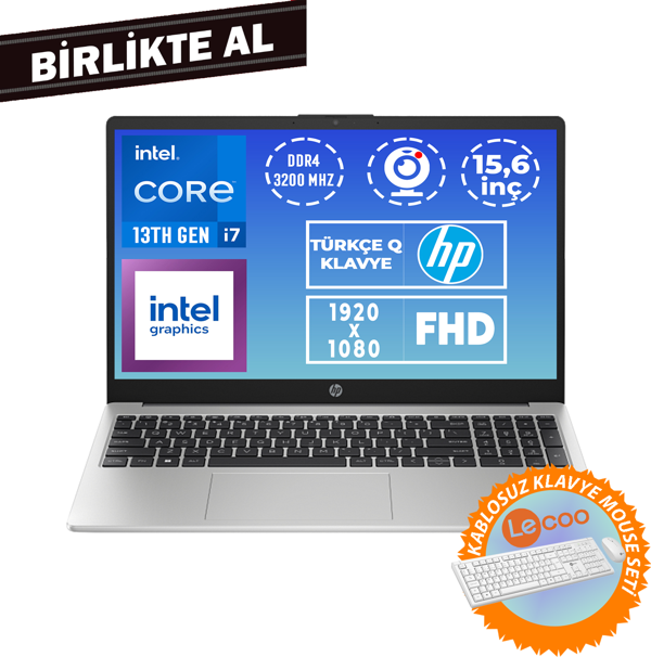 HP 250 G10 i7-1355U 32GB 1TB SSD 15.6" FHD Freedos + Kablosuz Klavye Mouse 9G2G8ET 034 - Image 1