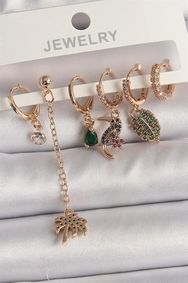 Pirinç Gold Renk Sallantı Zirkon Taşlı Ağaç Figür Kadın Küpe Seti - Image 1