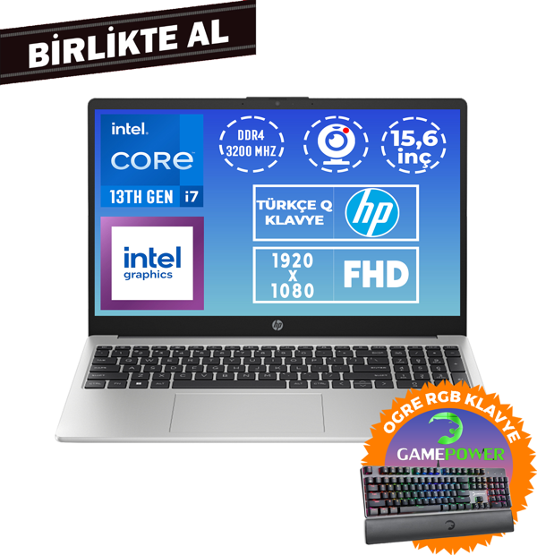 HP 250 G10 i7-1355U 32GB 1TB SSD 15.6" FHD W11P + Gaming Klavye 9G2G8ET 043 - Image 1