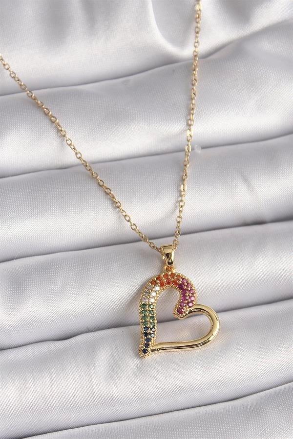 316L Çelik Gold Renk Zincir Renkli Zirkon Taşlı Kalp Model Kadın Kolye - Image 1