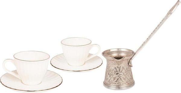 Yaren Style İkili Porselen Sade Gül Çizgili Ve Silver Yaldızlı Kahve Fincan Seti + Cezve - Image 1