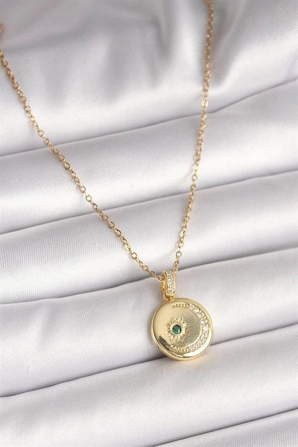 316L Çelik Gold Renk Zincir Zirkon Taş İşlemeli Hilal Yıldız İşlemeli Madalyon Model Kadın Kolye - Image 1