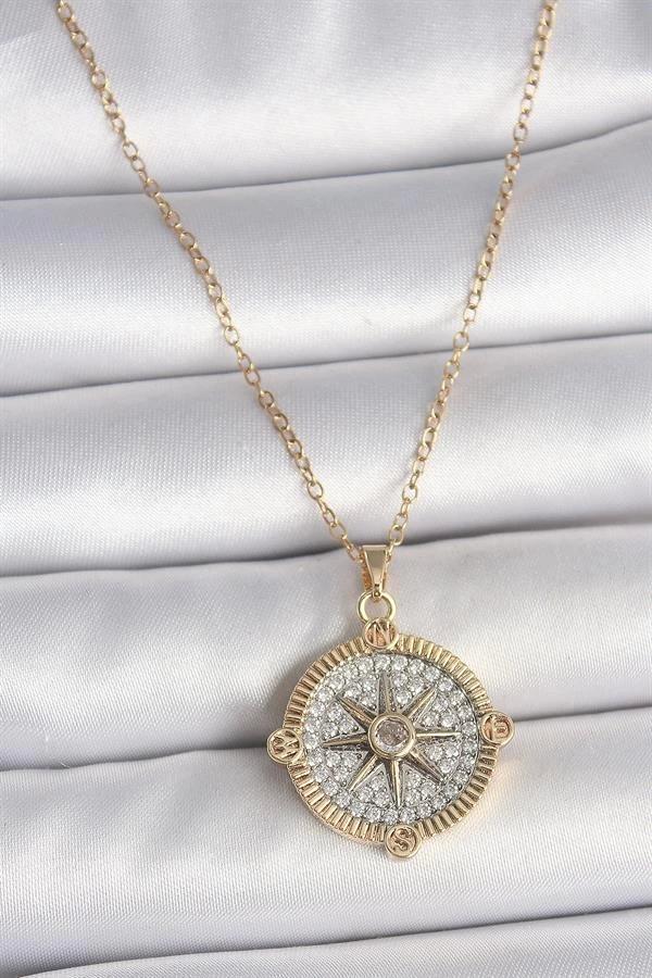 316L Çelik Gold Renk Zirkon Taşlı Pusula Model Kadın Kolye - Image 1