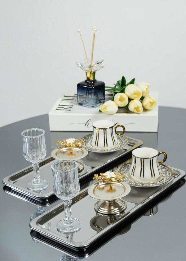 Yaren Style 2'Li Lüks Paslanmaz Çelik Baton Tepsi – Çay, Kahve, Pasta, Sunum Ve Çeyiz Için Dekoratif Servis - Image 1
