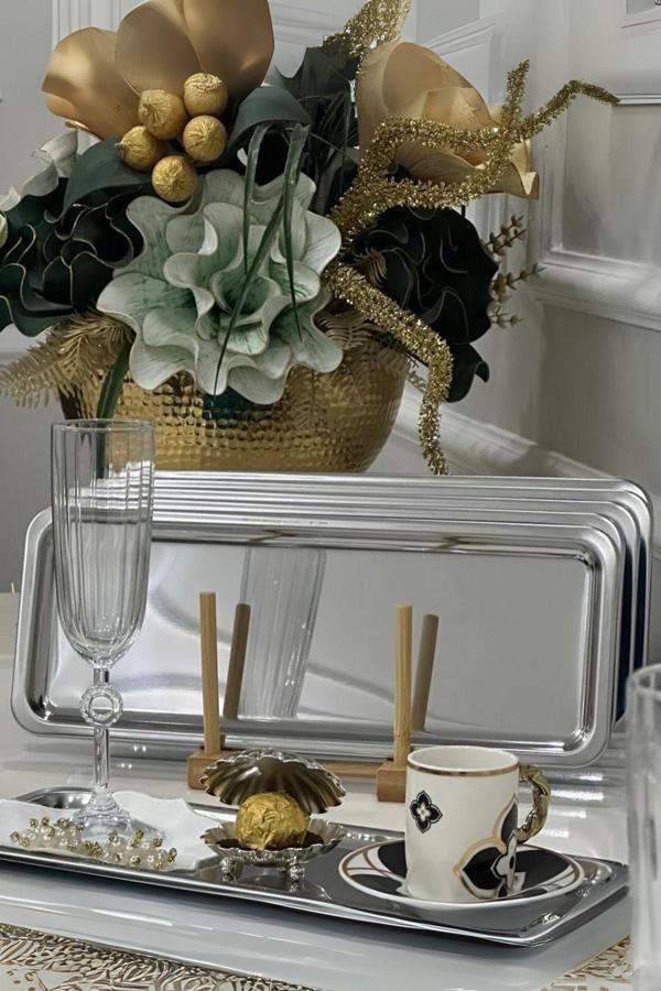 Yaren Style 6'Lı Lüx Paslanmaz Çelik Baton Çay, Kahve, Pasta, Servis, Dekoratif Çeyiz Sunum Tepsisi - Image 1