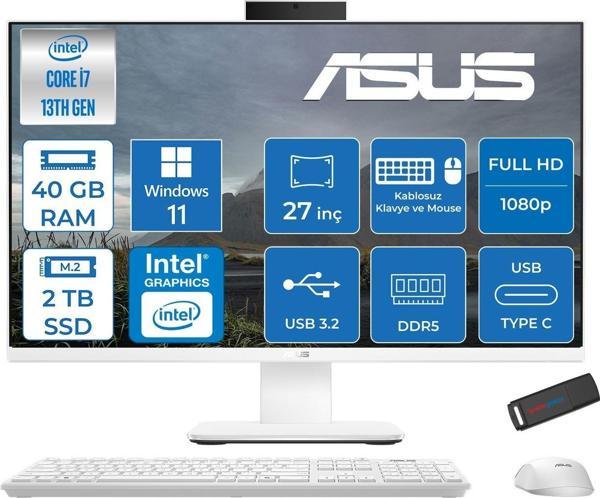 Asus V470VAK Intel Core I7-13620H 40GB Ddr5 2tb SSD 27'' Fhd 100Hz 300NITS Windows 11 Pro Beyaz Allınone Bilgisayar ABI716512W0DP19+ZETTAUSBBELLEK - Image 1