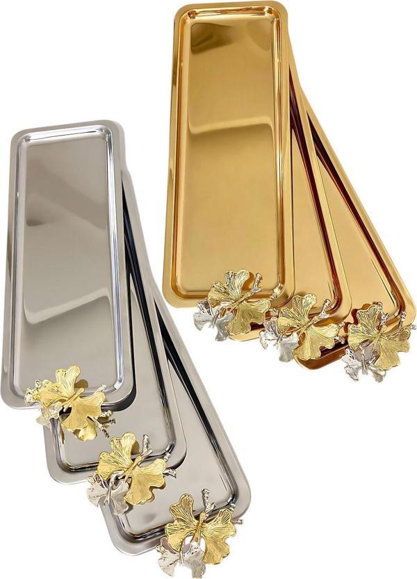Yaren Style 2 Farklı Renkte Lüx Kelebekli Gold Ve Gümüş Baton Servis, Çay, Kahve İkramlık Ve Sunum Tepsisi - Image 1