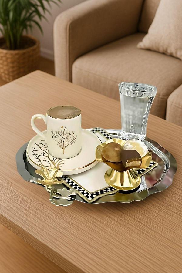 Yaren Style 6'Lı Lüx Oval Kahve Sunum Tepsisi | Kelebek Aksesuarlı Paslanmaz Kahve, Çay, Dekoratif Tepsi 25X20Cm - Image 1