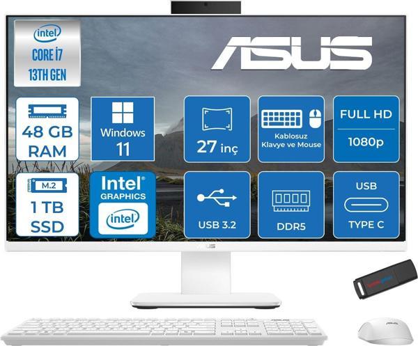 Asus V470VAK Intel Core I7-13620H 48GB Ddr5 1tb SSD 27'' Fhd 100Hz 300NITS Windows 11 Pro Beyaz Allınone Bilgisayar ABI716512W0DP23+ZETTAUSBBELLEK - Image 1