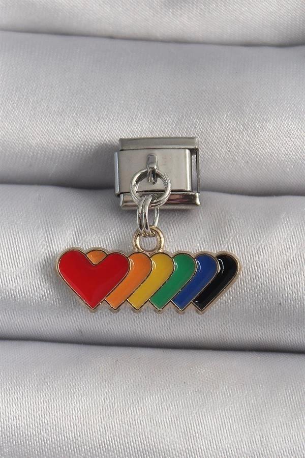 316L Çelik Gümüş Renk Renkli Sallantı Kalp Model Nomination Charm - Image 1