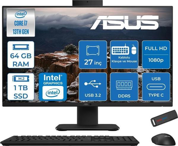 Asus V470VAK Intel Core I7-13620H 64GB Ddr5 1tb SSD 27'' Fhd 100Hz 300NITS Freedos  Siyah Allınone Bilgisayar ASI716512B0DFF28+ZETTAUSBBELLEK - Image 1