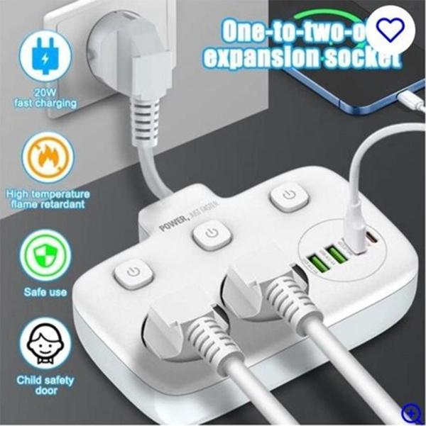 Akım Korumalı 2’li Ayrı Anahtarlı Priz, 2x Priz, 3x Usb, 1x Type-c, 2 Mt Kablo, Hızlı Şarj - Image 1