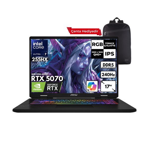 MSI CROSSHAIR 17HX AI Ultra 7-255HX 64-GBDDR5 4 TBSSD RTX5070 (8GB-115W-GDDR7) 17" 2K QHD+ 240Hz Windows 11 Pro + HMF Sırt Çantası D2XWGKG-018XTRHMF22 - Image 1
