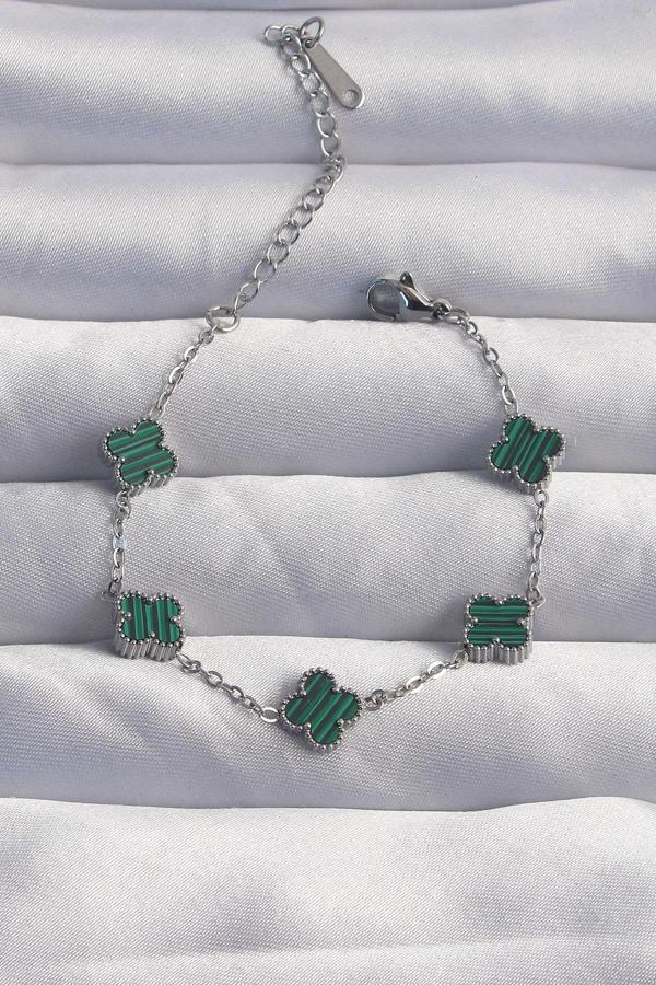 Zarif Kadın için Silver Çelik Baby Boy Çizgili Yeşil Mineli Yonca Bileklik - Image 1