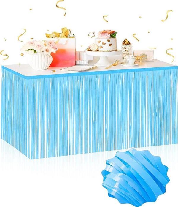 Kendinden Yapışkanlı Makaron Mavi Püsküllü Masa Eteği – 75 x 275 cm Parti Süslemesi - Image 1