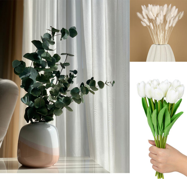 Dekoratif 3’lü Set: 8’li Yapay Lale Demeti + Okaliptus Demeti + 3’lü Pamuk Otu – Salon & Masa Çiçek Aranjmanı - Image 1