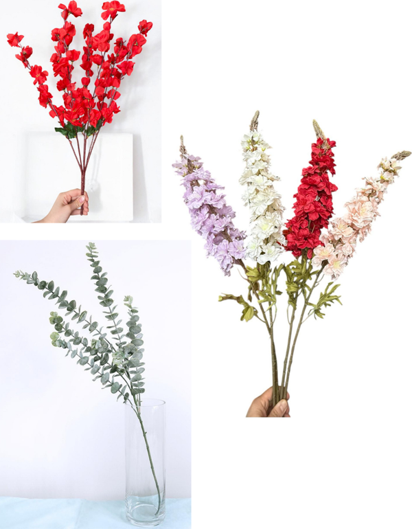 Lüks Yapay Çiçek Aranjman Seti – 1 Adet Okaliptus Dalı + 3 Adet Delphinium Çiçeği + 7 Dallı Kırmızı Bahardalı Demeti - Image 1