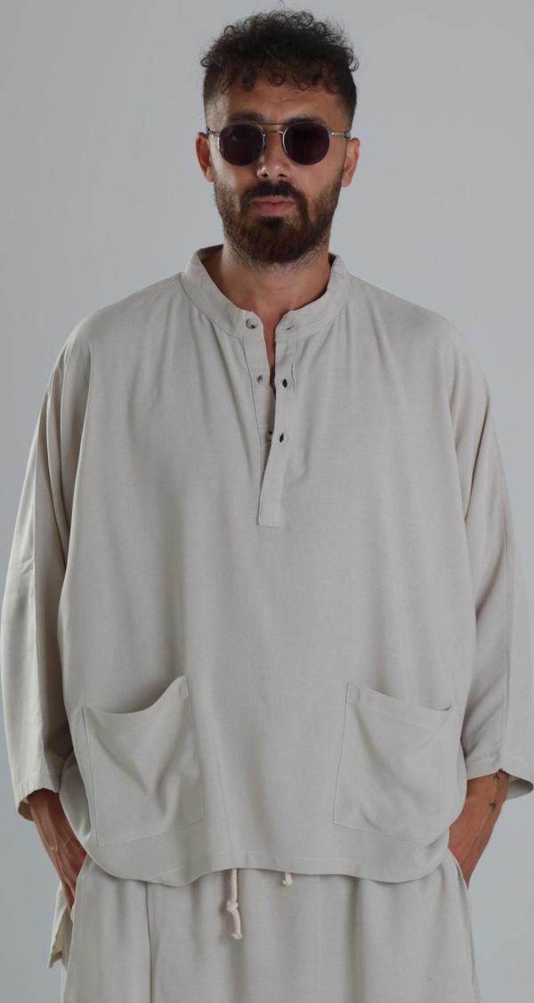 Keten Kumaş Oversize Bej Tasarım T-Shirt - Image 1