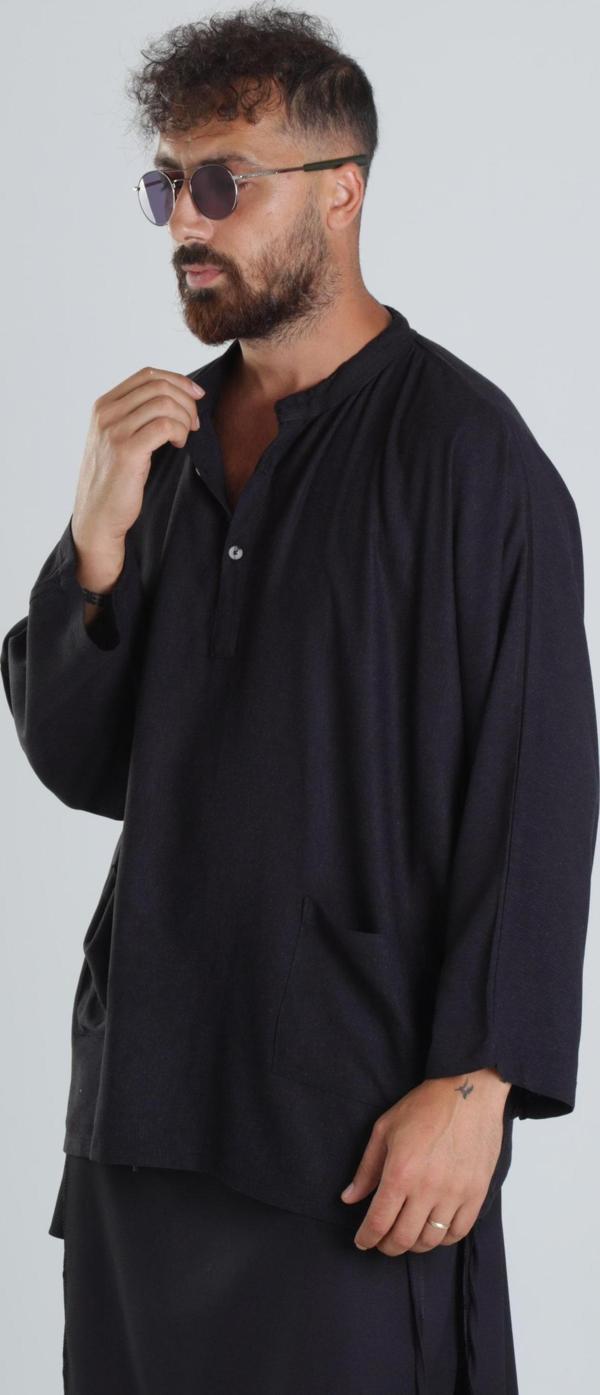 Keten Kumaş Oversize Siyah Tasarım T-Shirt - Image 1