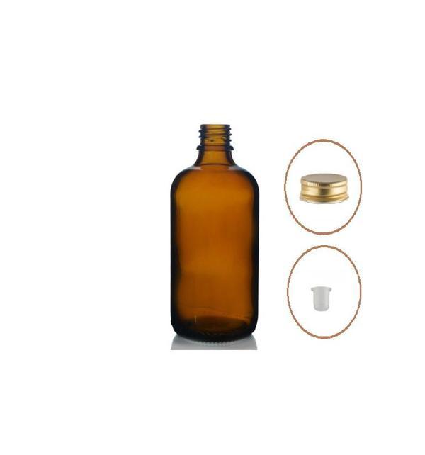 100ml kahverengi cam şişe, sarı metal düz kapaklı, 12 adet, cam şişe, esans şişesi, yağ şişesi, kozmetik şişesi - Image 1