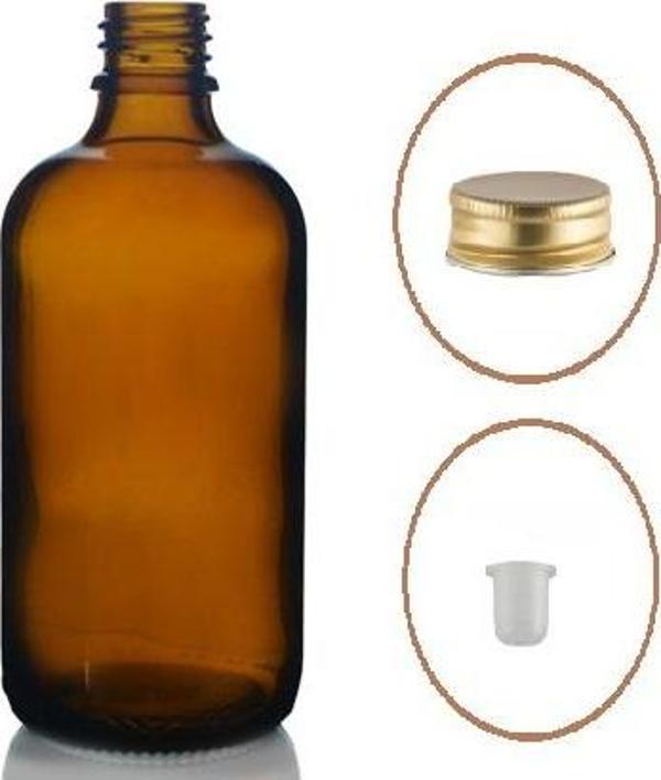 100ml kahverengi cam şişe, sarı metal düz kapaklı, 12 adet, cam şişe, esans şişesi, yağ şişesi, kozmetik şişesi - Image 1