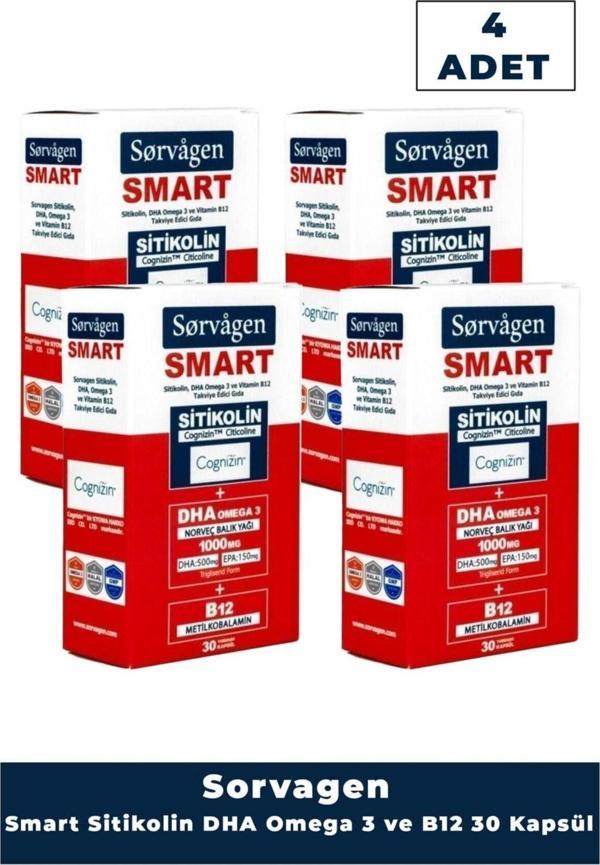 Smart 30 Kapsül ( Sitikolin Dha Omega 3 ve B12 Içeren Takviye Edici Gıda ) x 4 Adet - Image 1