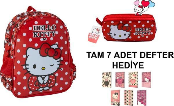 Hello Kitty Kırmızı Anaokulu Kız Çocuk Sırt Çantası ve Kalem Kutusu (7 adet defter hediye) - Image 1