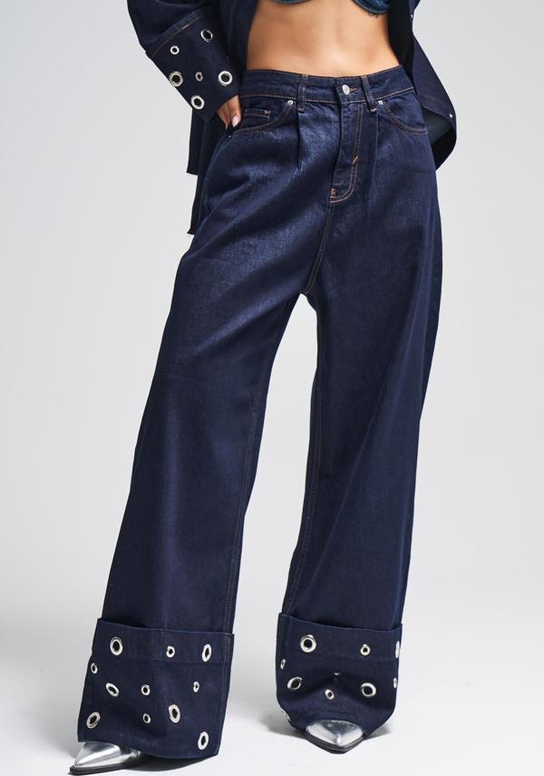 Kadın İndigo Renk 7w5-50 Süper Baggy Fit Özel Viskon Kumaş Kuş Gözü Detaylı Denim Jean - Image 1