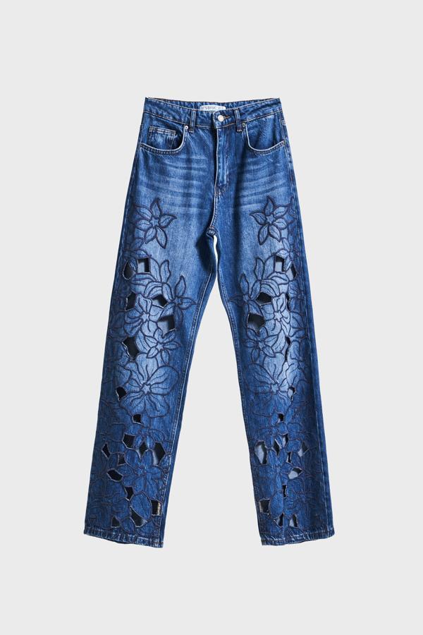 Kadın Koyu Mavi Renk 2w5-5 Loose Fit Viskon Kumaş Çiçek Desen Nakışlı Özel Tasarım Orta Bel Denim Jean - Image 1