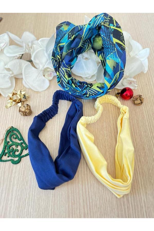 - Renkli Penye Lastikli Pamuklu Paraşüt Bandana Penye Saç Bandı 2 Adet ve Buff - Image 1