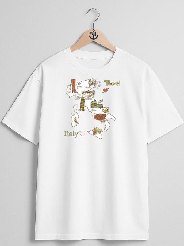 Oversize İtalya Haritası Ve Turistik Yerler Göğüs Tasarımlı Unisex T-Shirt - Image 1
