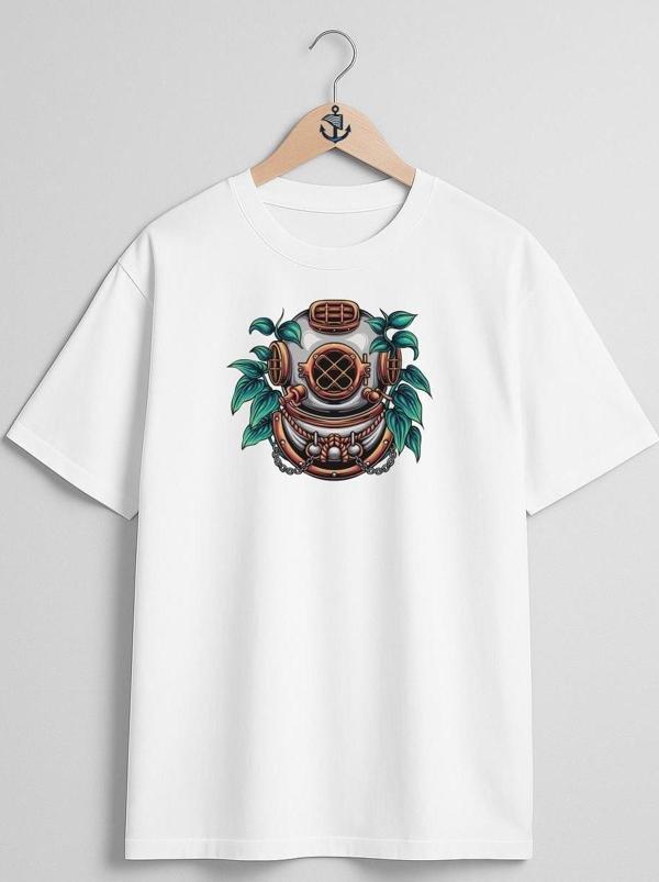 Oversize Dalgıç Diving Helmet With Plant İllustration Göğüs Tasarımlı Unisex T-Shirt - Image 1
