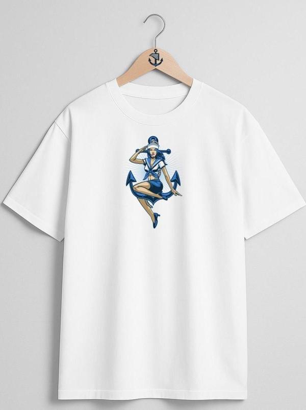 Oversize Denizci Kadın Ve Çapa Göğüs ve Sırt Tasarımlı Unisex T-Shirt - Image 1
