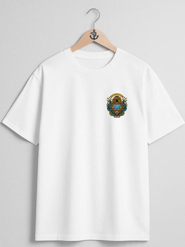 Oversize Vintage Diving Cep ve Sırt Tasarımlı Unisex T-Shirt - Image 1